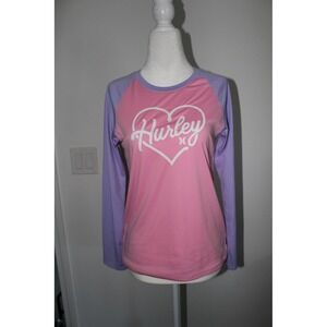 Hurley Girls Pink Purple Heart Graphic Long Sleeve‎ Rash Guard UPF 50+ Size L